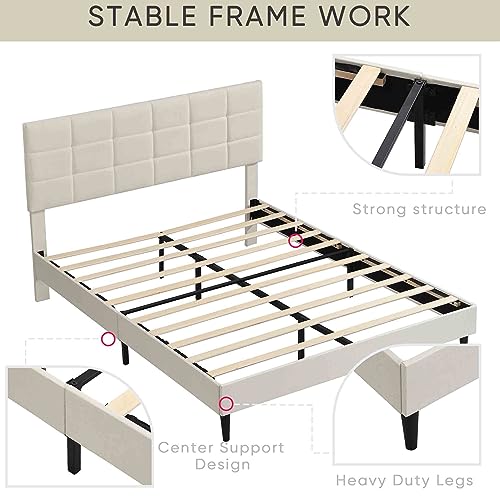 RIDFY Queen Bed Frame with Fabric Headboard, Upholstered Platform Bed Frame, Heavy Duty BedFrame with Wood Slat Support, Mattress Foundation/No Box Spring Needed/Easy Assembly (Beige)