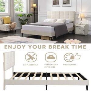 RIDFY Queen Bed Frame with Fabric Headboard, Upholstered Platform Bed Frame, Heavy Duty BedFrame with Wood Slat Support, Mattress Foundation/No Box Spring Needed/Easy Assembly (Beige)