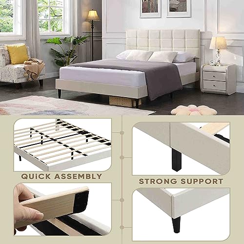 RIDFY Queen Bed Frame with Fabric Headboard, Upholstered Platform Bed Frame, Heavy Duty BedFrame with Wood Slat Support, Mattress Foundation/No Box Spring Needed/Easy Assembly (Beige)