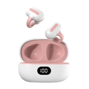 ksiee wireless ear clip bone conduction headphones bluetooth 5.3, ipx5 waterproof stereo headphones, clip-on ear noise cancelling earbuds for running cycling workout long battery life (pink)