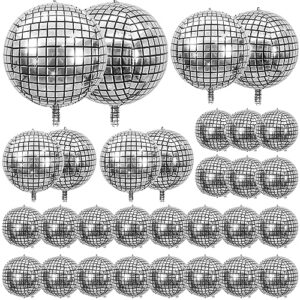 30 pcs disco ball balloons different sizes- 4d large disco balloons 10 inch 15 inch 18 inch 22 inch assorted round metallic silver disco balloons for disco themed party decor supplies