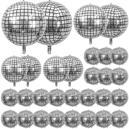 30 PCS Disco Ball Balloons Different Sizes- 4D Large Disco Balloons 10 Inch 15 Inch 18 Inch 22 Inch Assorted Round Metallic Silver Disco Balloons for Disco Themed Party Decor Supplies