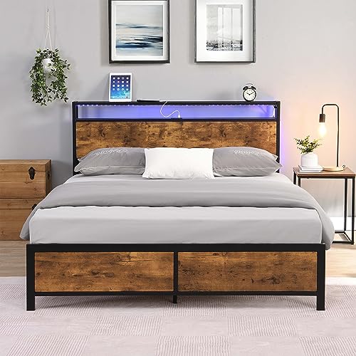 Industrial Full Bed Frame with LED Lights and 2 USB Ports,Metal Platform Bed with 2-Tier Storage Wooden Headboard and Under Bed Storage,No Box Spring Needed (Rustic Brown, Full)