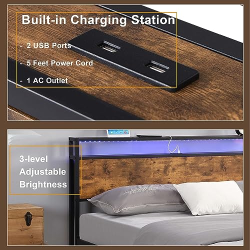 Industrial Full Bed Frame with LED Lights and 2 USB Ports,Metal Platform Bed with 2-Tier Storage Wooden Headboard and Under Bed Storage,No Box Spring Needed (Rustic Brown, Full)