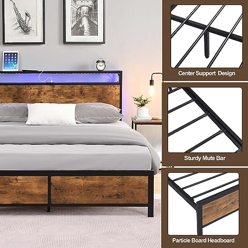 Industrial Full Bed Frame with LED Lights and 2 USB Ports,Metal Platform Bed with 2-Tier Storage Wooden Headboard and Under Bed Storage,No Box Spring Needed (Rustic Brown, Full)