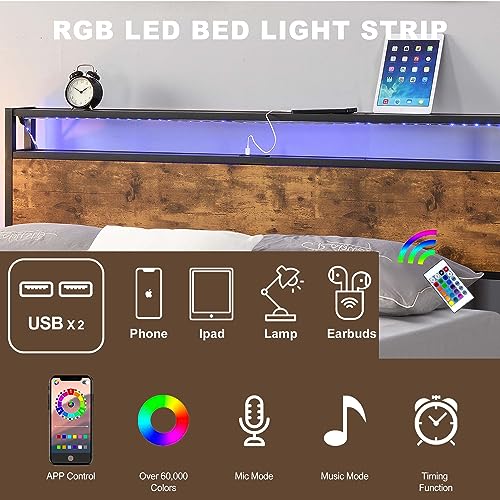 Industrial Full Bed Frame with LED Lights and 2 USB Ports,Metal Platform Bed with 2-Tier Storage Wooden Headboard and Under Bed Storage,No Box Spring Needed (Rustic Brown, Full)