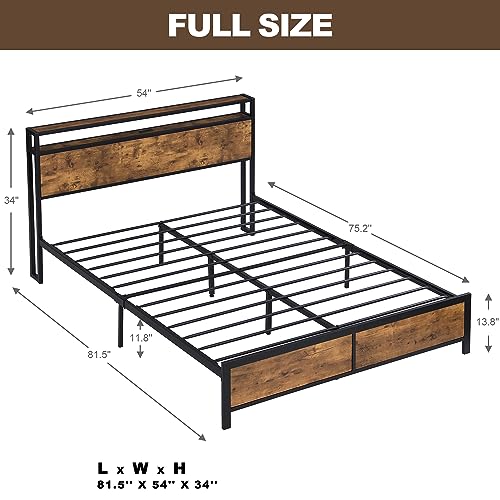 Industrial Full Bed Frame with LED Lights and 2 USB Ports,Metal Platform Bed with 2-Tier Storage Wooden Headboard and Under Bed Storage,No Box Spring Needed (Rustic Brown, Full)