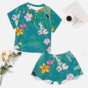 InterestPrint Tropical Floral Pattern with Dragonflies Women's Shorts Button Up pajama Shorts Suit Drawstring Shorts Set Lounge Sets