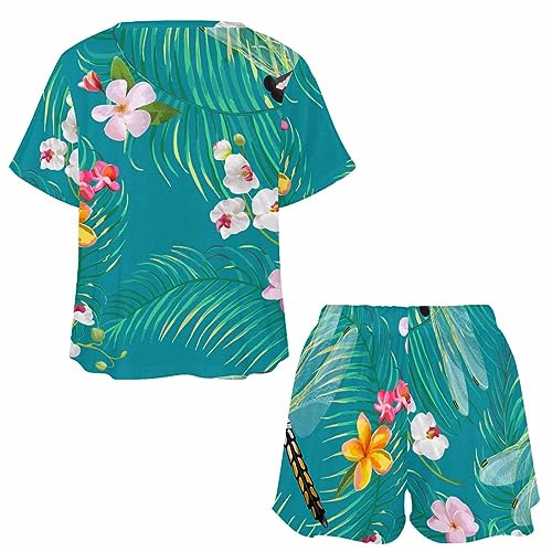 InterestPrint Tropical Floral Pattern with Dragonflies Women's Shorts Button Up pajama Shorts Suit Drawstring Shorts Set Lounge Sets