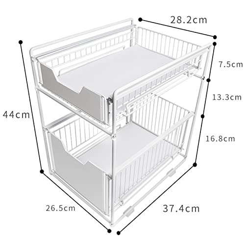 YUEGOO Kitchen Sinks Solid Under Sink Storage Rack, Under Sink Organizers and Storage with Sliding Drawer Suitable for Kitchen Storage Savers Under Sink Rack Shelf/White/37.4 * 26.5 * 44cm