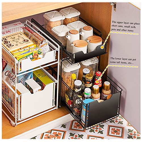 YUEGOO Kitchen Sinks Solid Under Sink Storage Rack, Under Sink Organizers and Storage with Sliding Drawer Suitable for Kitchen Storage Savers Under Sink Rack Shelf/White/37.4 * 26.5 * 44cm