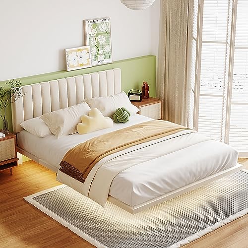 DNYN Upholstered Queen Size Floating Bed Frame with LED Lights & Headboard Design,Modern Velvet Fabric Platform Bedframe for Bedroom,Guest Room,Noise Free & Easy Assembly, Beige