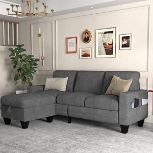 zeefu convertible sectional sofa couch,grey snowflake velvet modern 3-seat l-shaped upholstered sofa couch set with storage reversible ottoman and pockets for living room small space apartment