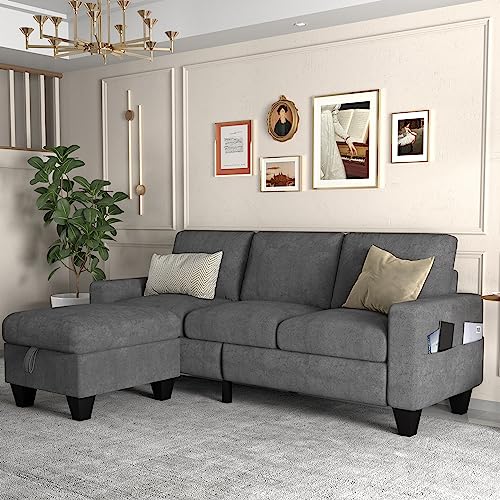 ZeeFu Convertible Sectional Sofa Couch,Grey Snowflake Velvet Modern 3-Seat L-Shaped Upholstered Sofa Couch Set with Storage Reversible Ottoman and Pockets for Living Room Small Space Apartment