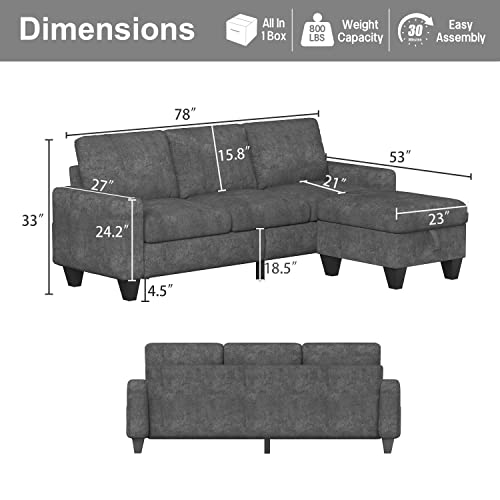 ZeeFu Convertible Sectional Sofa Couch,Grey Snowflake Velvet Modern 3-Seat L-Shaped Upholstered Sofa Couch Set with Storage Reversible Ottoman and Pockets for Living Room Small Space Apartment