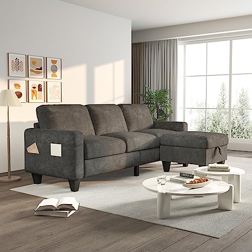 ZeeFu Convertible Sectional Sofa Couch,Grey Snowflake Velvet Modern 3-Seat L-Shaped Upholstered Sofa Couch Set with Storage Reversible Ottoman and Pockets for Living Room Small Space Apartment