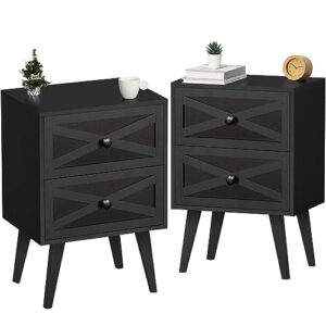 lerliuo black nightstand set of 2, bed side table with 2 drawers barn door, solid wooden legs night stand, mid century modern end table storage wood cabinet dresser for bedroom, dorm
