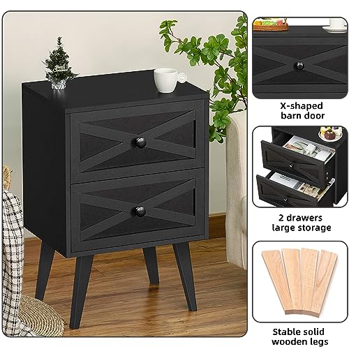 Lerliuo Black Nightstand Set of 2, Bed Side Table with 2 Drawers Barn Door, Solid Wooden Legs Night Stand, Mid Century Modern End Table Storage Wood Cabinet Dresser for Bedroom, Dorm