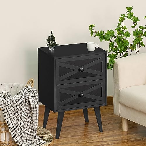 Lerliuo Black Nightstand Set of 2, Bed Side Table with 2 Drawers Barn Door, Solid Wooden Legs Night Stand, Mid Century Modern End Table Storage Wood Cabinet Dresser for Bedroom, Dorm