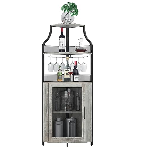 GAOMON Corner Wine Bar Rack Cabinet with Detachable Wine Rack, Bar Cabinet with Glass Holder, Small Sideboard and Buffet Cabinet with Mesh Door (Grey)