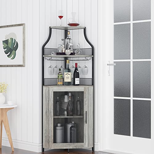 GAOMON Corner Wine Bar Rack Cabinet with Detachable Wine Rack, Bar Cabinet with Glass Holder, Small Sideboard and Buffet Cabinet with Mesh Door (Grey)