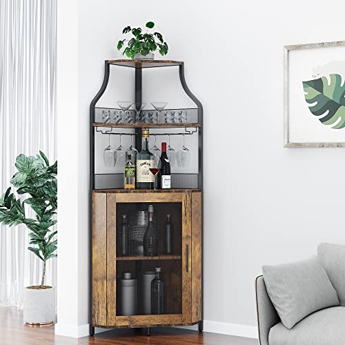 GAOMON Corner Wine Bar Rack Cabinet with Detachable Wine Rack, Bar Cabinet with Glass Holder, Small Sideboard and Buffet Cabinet with Mesh Door (Rustic Brown)