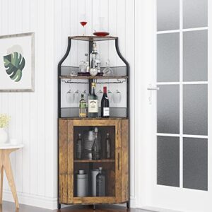 GAOMON Corner Wine Bar Rack Cabinet with Detachable Wine Rack, Bar Cabinet with Glass Holder, Small Sideboard and Buffet Cabinet with Mesh Door (Rustic Brown)