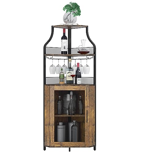 GAOMON Corner Wine Bar Rack Cabinet with Detachable Wine Rack, Bar Cabinet with Glass Holder, Small Sideboard and Buffet Cabinet with Mesh Door (Rustic Brown)