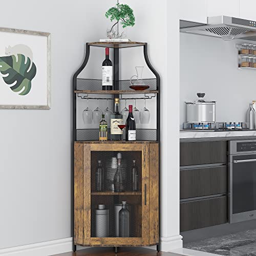 GAOMON Corner Wine Bar Rack Cabinet with Detachable Wine Rack, Bar Cabinet with Glass Holder, Small Sideboard and Buffet Cabinet with Mesh Door (Rustic Brown)