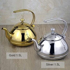 XENITE Tea Kettle Teapot Silver/Gold Tea Kettle Stainless Steel Kettle Hotel Tea Pot with Filter Restaurant Gas Stove Induction Cooker Tea Kettle 1.5L Tea Kettle Teapots (Color : 1.5l Gold)