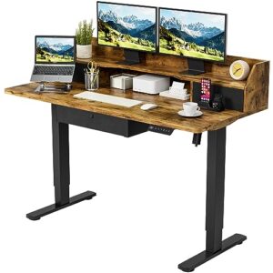 homall electric standing desk with triple drawers, adjustable height stand up desk, 55 x 24 inch table with storage shelf, sit stand home office desk with splice board (rustic brown)