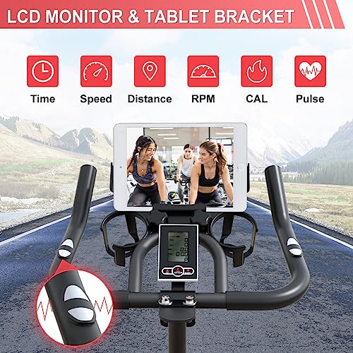 LABODI Stationary Cycling Bike, Indoor Exercise Bike with LCD Monitor, 35LBS Heavy Flywheel & Comfortable Seat, Perfect Cycle Bike for Home Gym Workout (Black Red)