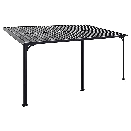 VEIKOU 14' x 10' Wall Mounted Gazebo Hardtop, Gazebos on Clearance with Aluminum Frame, Wall Pergola w/Heavy-Duty Galvanized Roof & Drain System, Black