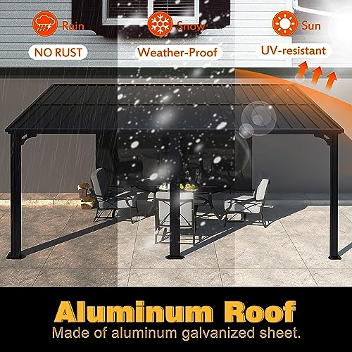 VEIKOU 14' x 10' Wall Mounted Gazebo Hardtop, Gazebos on Clearance with Aluminum Frame, Wall Pergola w/Heavy-Duty Galvanized Roof & Drain System, Black