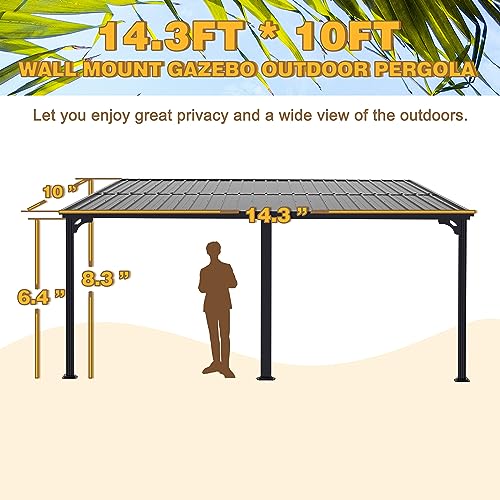 VEIKOU 14' x 10' Wall Mounted Gazebo Hardtop, Gazebos on Clearance with Aluminum Frame, Wall Pergola w/Heavy-Duty Galvanized Roof & Drain System, Black