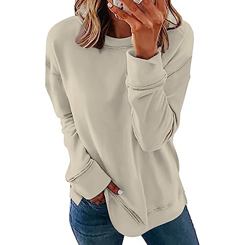 Comigeewa Womens Tops 2023 Tredny,Sudadera de entrenamiento para mujer, manga larga, informal, con capucha, cuello redondo, cómodo, pulóver,salón holgada,1-Beige,Large