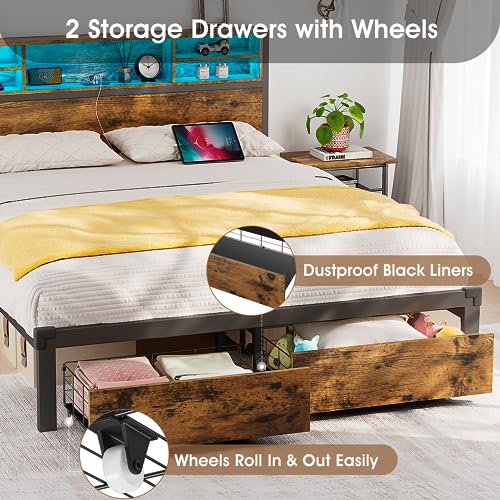 Alohappy Full Size Bed Frame with Storage Headboard and Drawers, Metal Platform Bed Frame RGB Led Lights and with Charging Station, No Nosie No Box Spring Needed (Full)