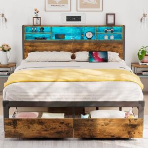alohappy full size bed frame with storage headboard and drawers, metal platform bed frame rgb led lights and with charging station, no nosie no box spring needed (full)