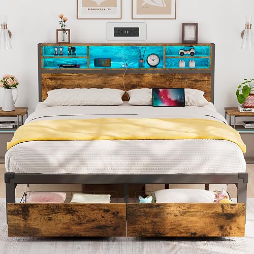 Alohappy Full Size Bed Frame with Storage Headboard and Drawers, Metal Platform Bed Frame RGB Led Lights and with Charging Station, No Nosie No Box Spring Needed (Full)