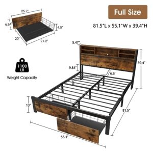 Alohappy Full Size Bed Frame with Storage Headboard and Drawers, Metal Platform Bed Frame RGB Led Lights and with Charging Station, No Nosie No Box Spring Needed (Full)