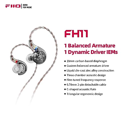 FiiO FH11 HiFi 1DD+1BA Hybrid Driver in-Ear IEM Earphone with Detachable 0.78 2Pin Cable HiFi Stereo Wired Earbuds for Musician/Audiophile