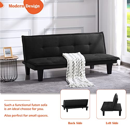ERYE Modern Cozy Futon Soft Upholstery Loveseat, 2 Seaters Sofa Convertible to Sleeper Couch Bed for Apartment Office Small Space Living Room Furniture Sets Sofabed, Black