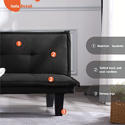 ERYE Modern Cozy Futon Soft Upholstery Loveseat, 2 Seaters Sofa Convertible to Sleeper Couch Bed for Apartment Office Small Space Living Room Furniture Sets Sofabed, Black