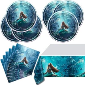 2023 little mermaid party decorations,black princess mermaid party tableware set include 20plate 20napkins and 1 tablecovers for under the sea mermaid movie themed birthday party decorate supplies