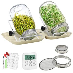 sprouting kit, 2 stainless steel sprouting lids for regular and wide mouth mason jars, sprouts growing kit with timer, 2 tray, sprouting jar stand for bean sprout, alfalfa, broccoli (not include jar)