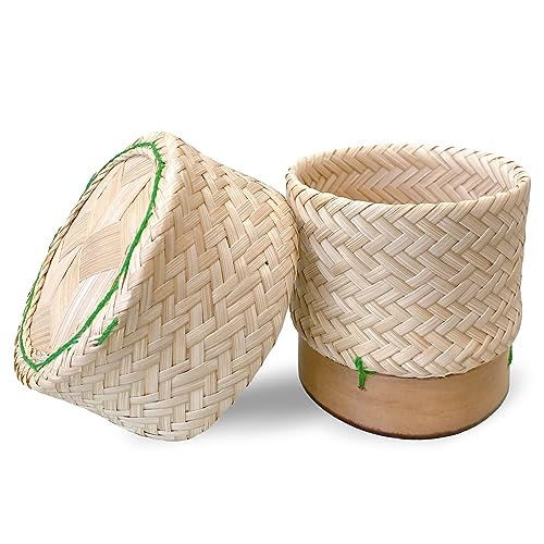 PANWA Mini Bamboo Sticky Rice Serving Basket- Handmade 100% Eco-Friendly Thai Mini Wickerwork Kratips- 4 piece set- Food Safe (Green)