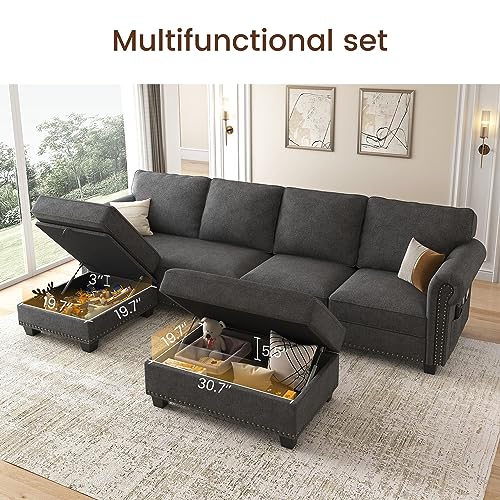 Nolany Sectional Couch with Chaise, L Shaped Convertible Sofa Couch with Storage Ottoman Sectional Sofa Set for Living Room Furniture Sets Dark Grey