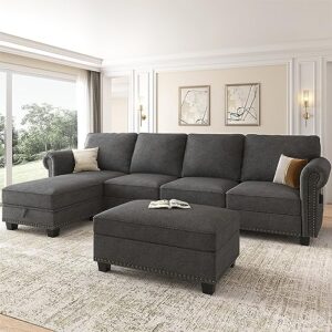 nolany sectional couch with chaise, l shaped convertible sofa couch with storage ottoman sectional sofa set for living room furniture sets dark grey