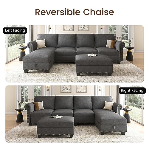 Nolany Sectional Couch with Chaise, L Shaped Convertible Sofa Couch with Storage Ottoman Sectional Sofa Set for Living Room Furniture Sets Dark Grey