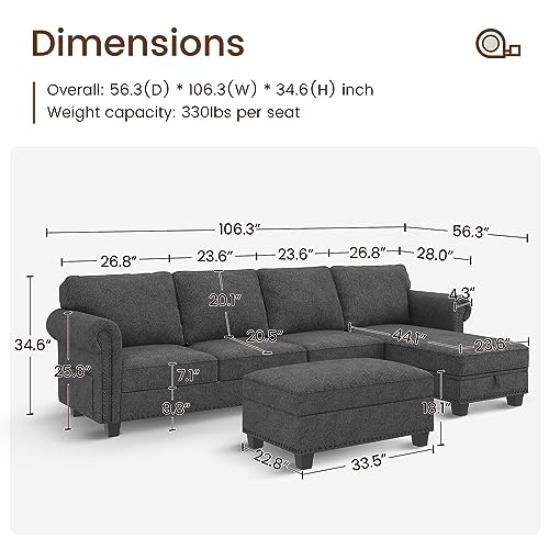 Nolany Sectional Couch with Chaise, L Shaped Convertible Sofa Couch with Storage Ottoman Sectional Sofa Set for Living Room Furniture Sets Dark Grey